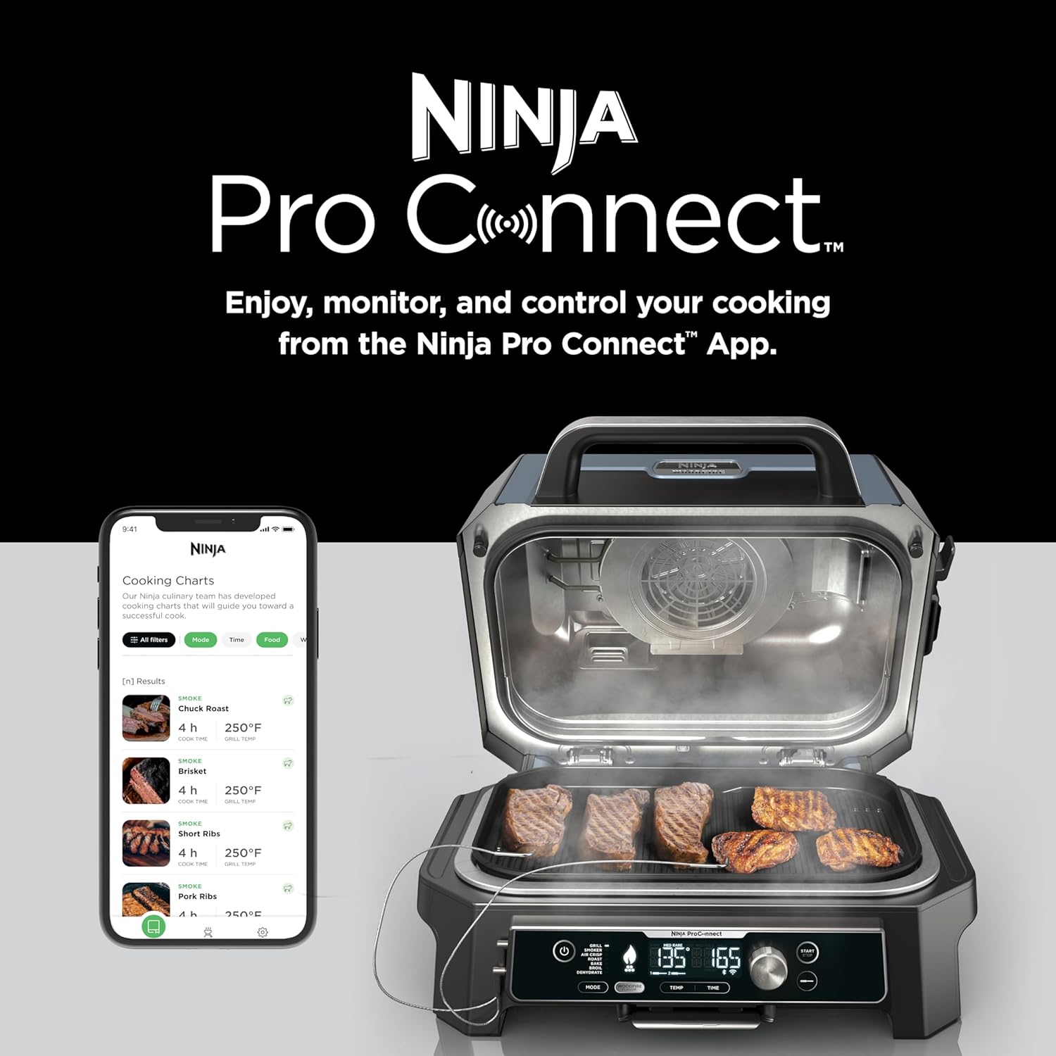 Ninja OG951 Woodfire Pro Connect Premium XL – Parrilla y ahumador para exteriores, Bluetooth, habilitado para aplicaciones, parrilla principal 7 en