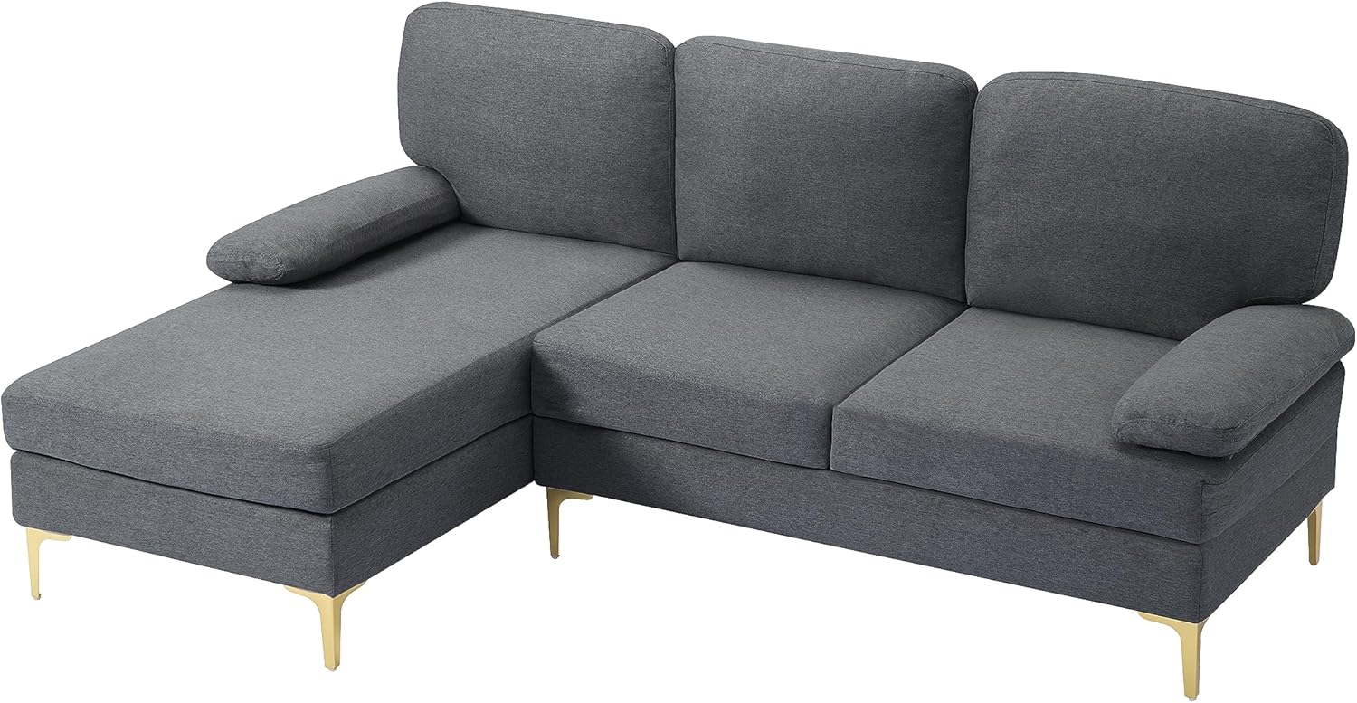 UBGO Sofá en forma de L de 79.5 pulgadas, sillón seccional orientado a la izquierda, sofás de tela moderna de 3 plazas con patas de metal dorado, 2