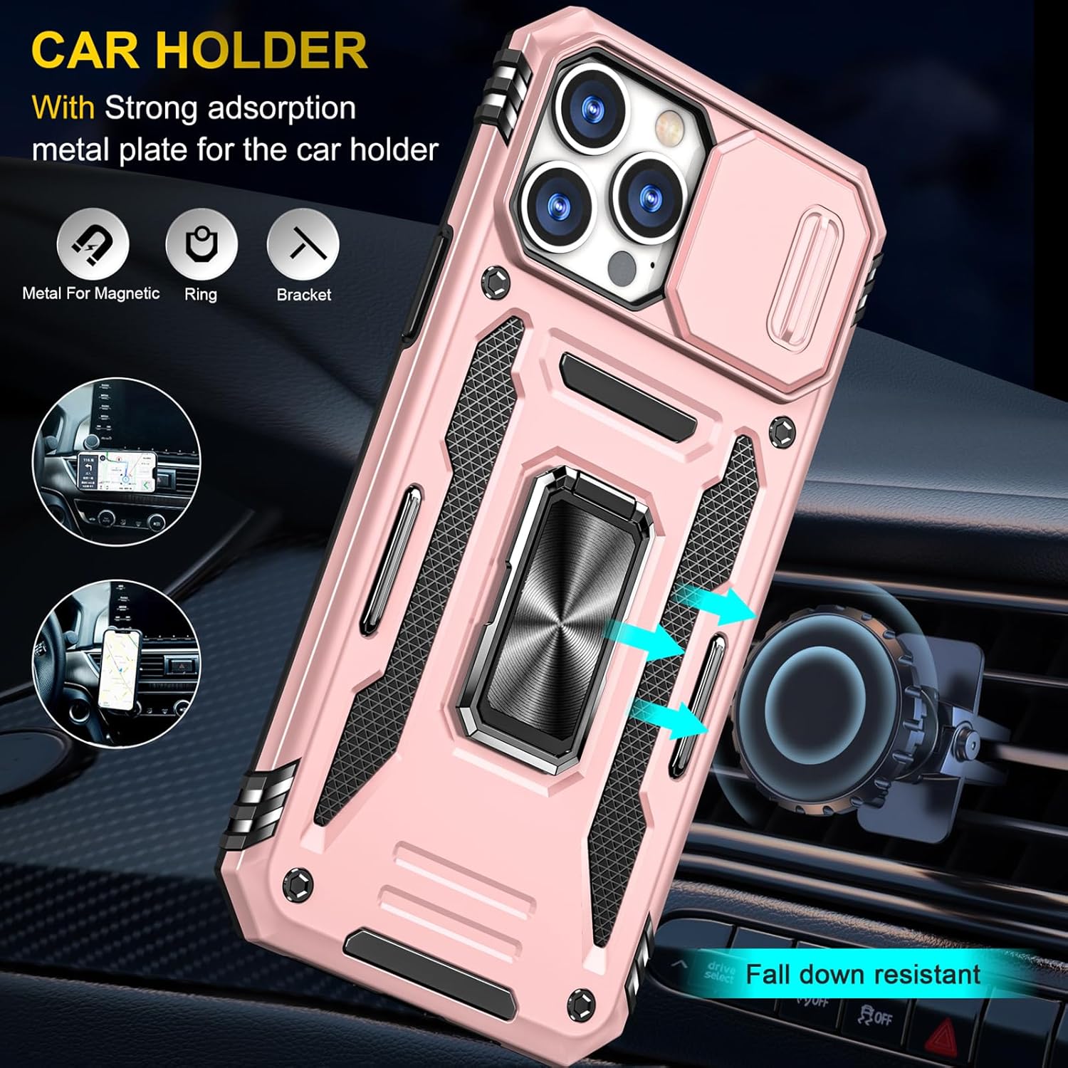 Funda para iPhone 13 Pro Max con soporte y cubierta para cámara, soporte magnético de 2 capas, 2 capas a prueba de golpes, funda protectora para