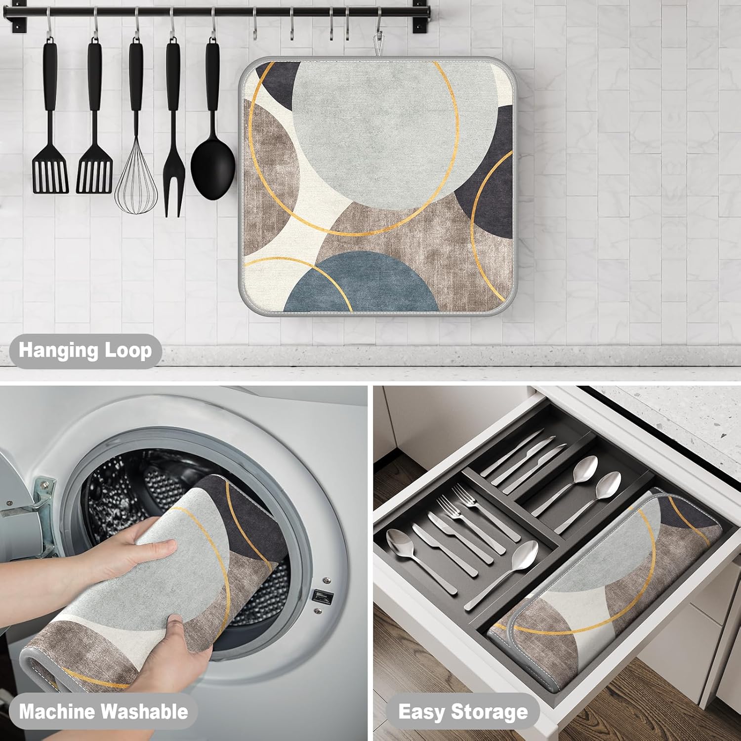 Tapete de secado de platos, tapete de secado de microfibra de estilo mármol de 16 x 18 pulgadas para encimera de cocina, almohadilla absorbente para