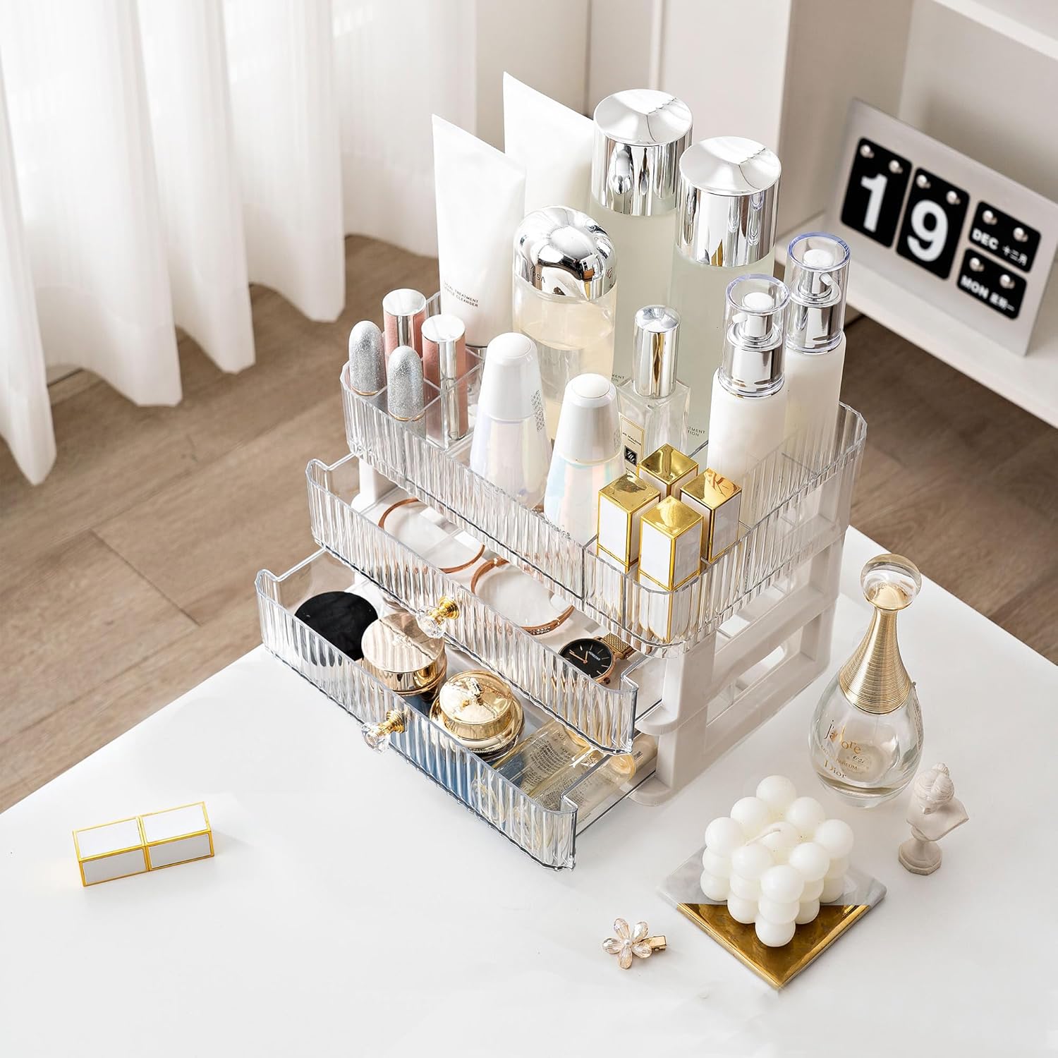 VEMURE Organizador de maquillaje con 2 cajones, vitrina de cosméticos para dormitorio, baño, tocador, soporte de almacenamiento de escritorio de