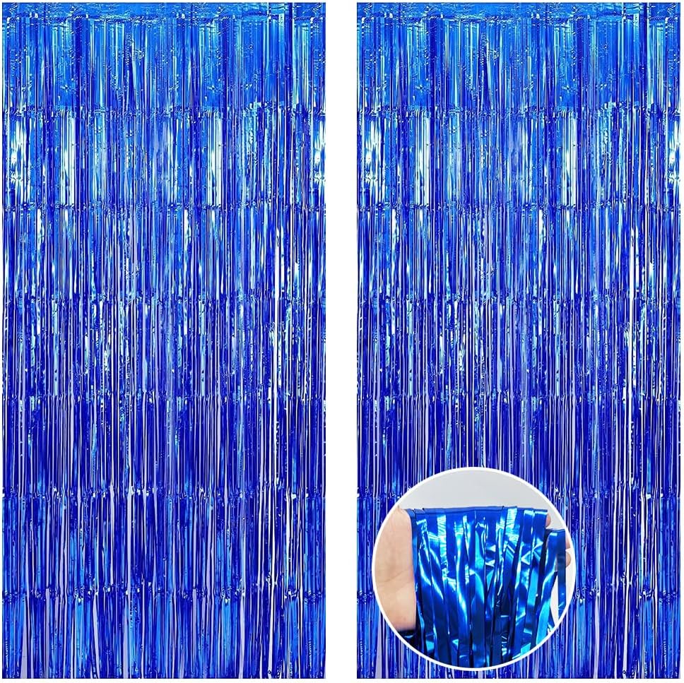 MEHOFOND Paquete de 2 cortinas de flecos de papel de aluminio azul rey de 3.3 x 6.6 pies, decoración de fiesta, telón de fondo metálico con flecos