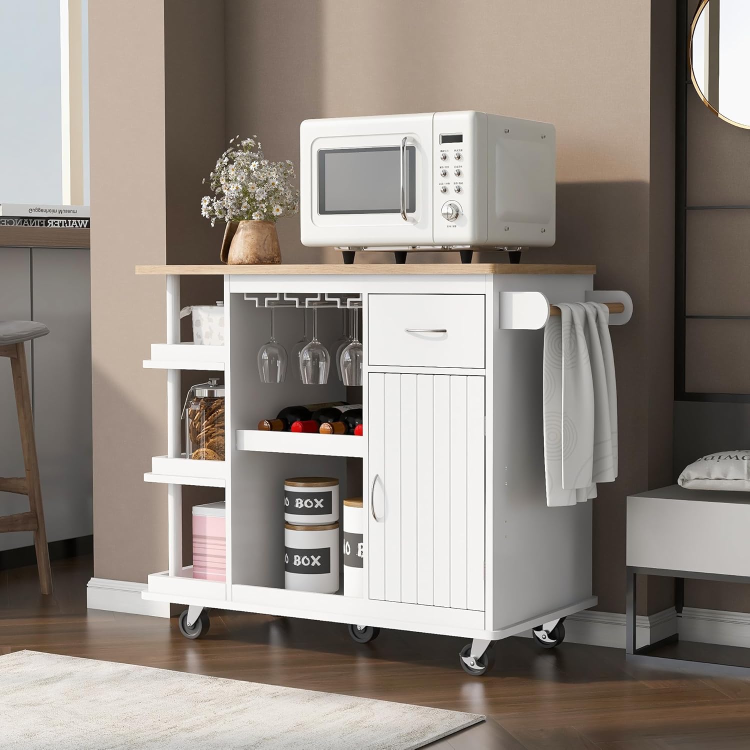 Carrito de cocina multiusos con gabinete de almacenamiento, cajón, estante ajustable y gancho lateral, isla de cocina rodante sobre 5 ruedas con
