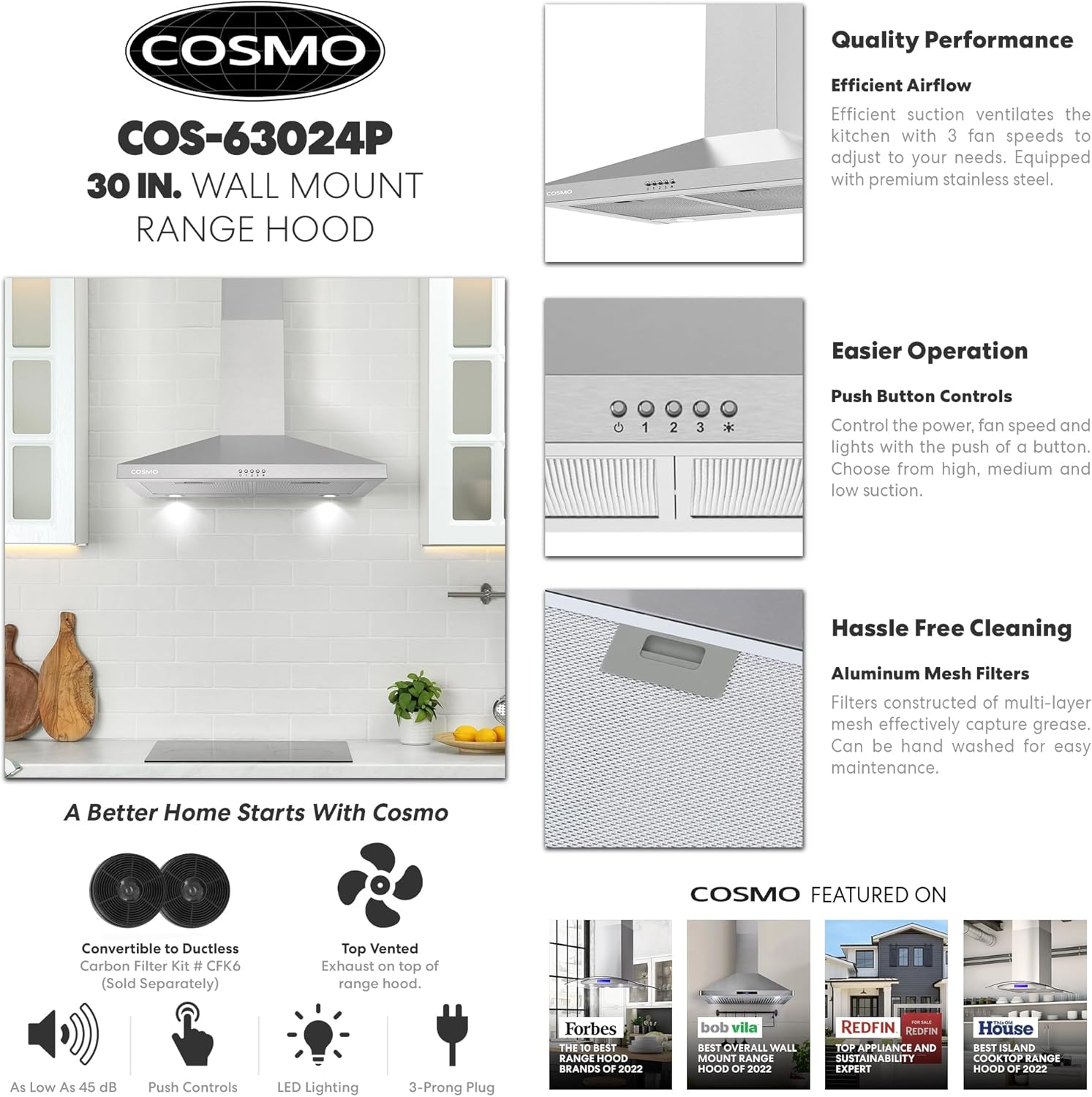 COSMO COS-63024P Campana extractora de pared de 30 pulgadas con flujo de aire eficiente, canalizado, ventilador de 3 velocidades, filtros de