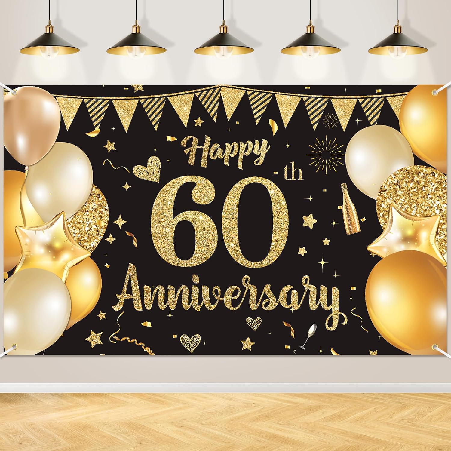 Decoraciones de 60 aniversario, pancarta de feliz 60 aniversario de boda de oro negro para 60 aniversario, decoración de fiesta de aniversario de