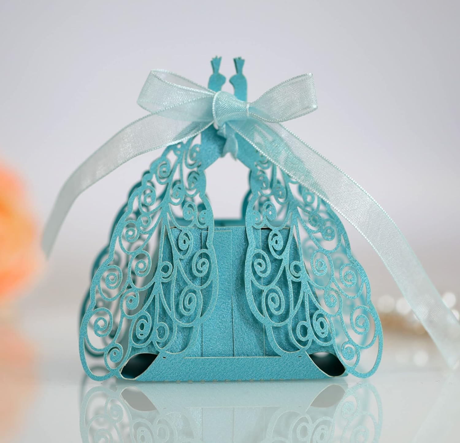 50 cajas de dulces de pavo real cortadas con láser con cintas para regalos de boda, caja de regalo de flora de flores, despedida de soltera, boda,