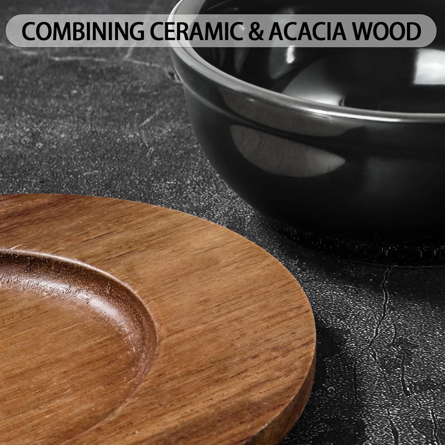 Artena Juego de servir de cerámica sólida de 12 onzas con bandeja de madera de acacia, cuencos negros de 5 pulgadas, cuencos pequeños para servir