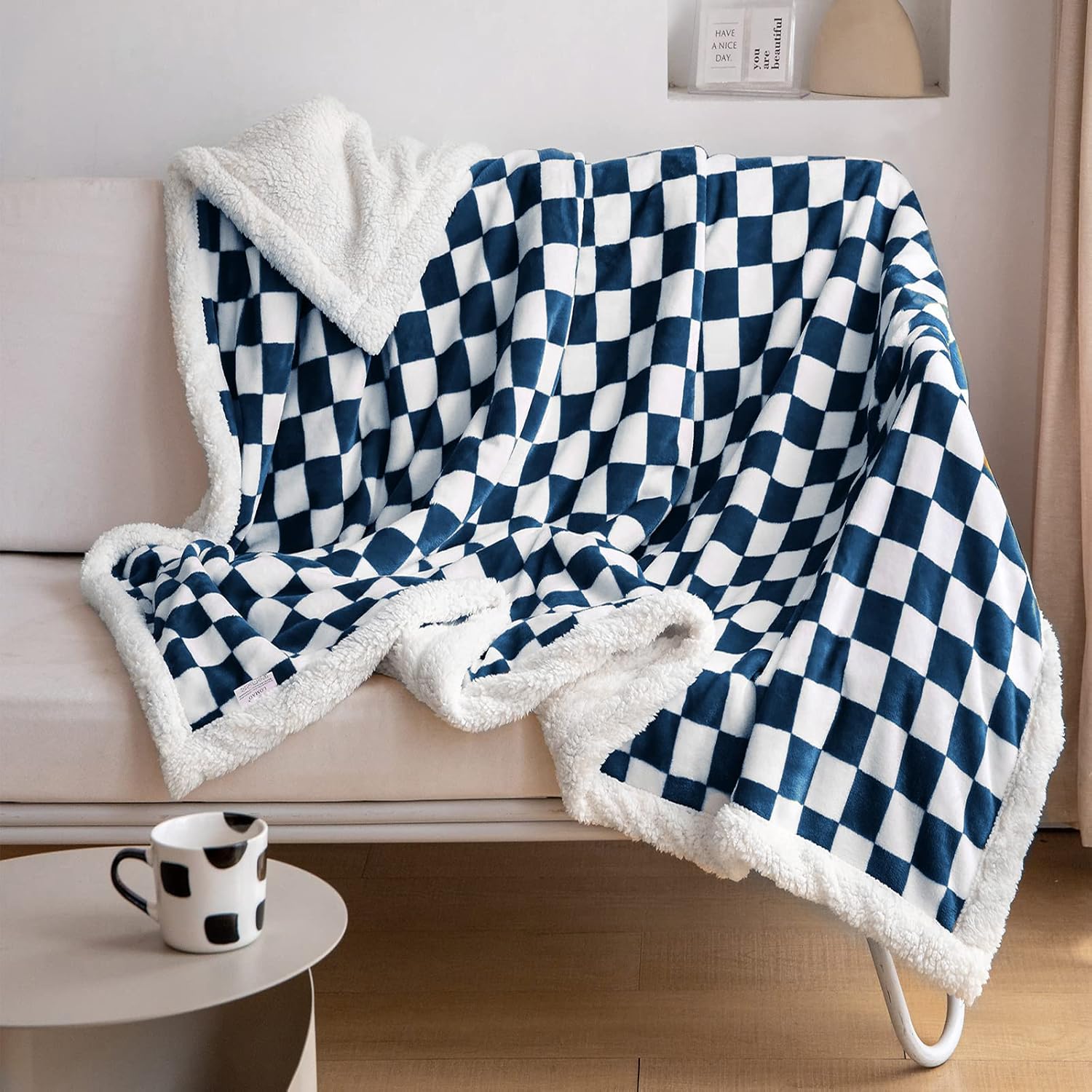 LOMAO Manta Sherpa de vellón con patrón a cuadros, suave, gruesa manta para sofá y cama, lujosa, cálida y acogedora para todas las estaciones (azul