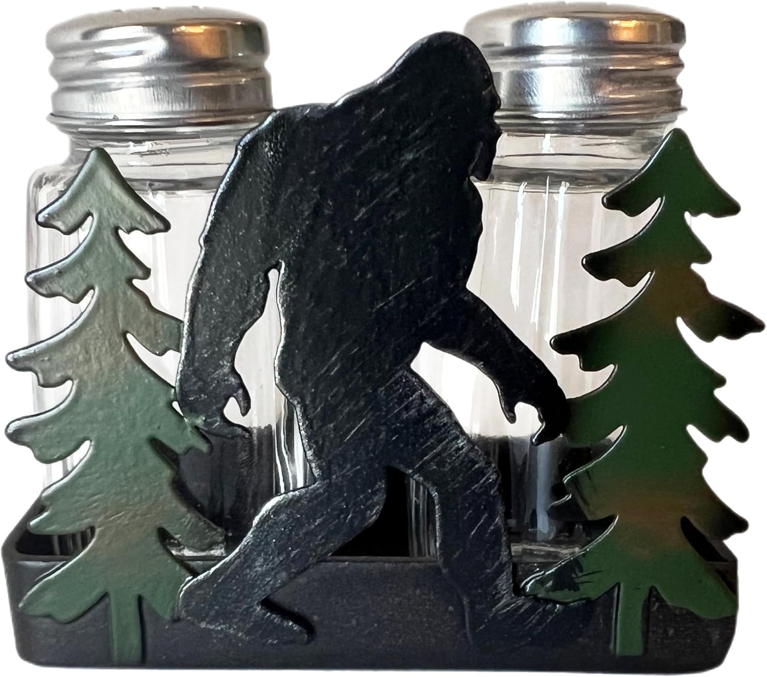 Bigfoot Sasquatch Yeti – Juego de salero y pimentero, silueta de metal, escena silvestre con cocteleras de vidrio, decoración artística de montaña
