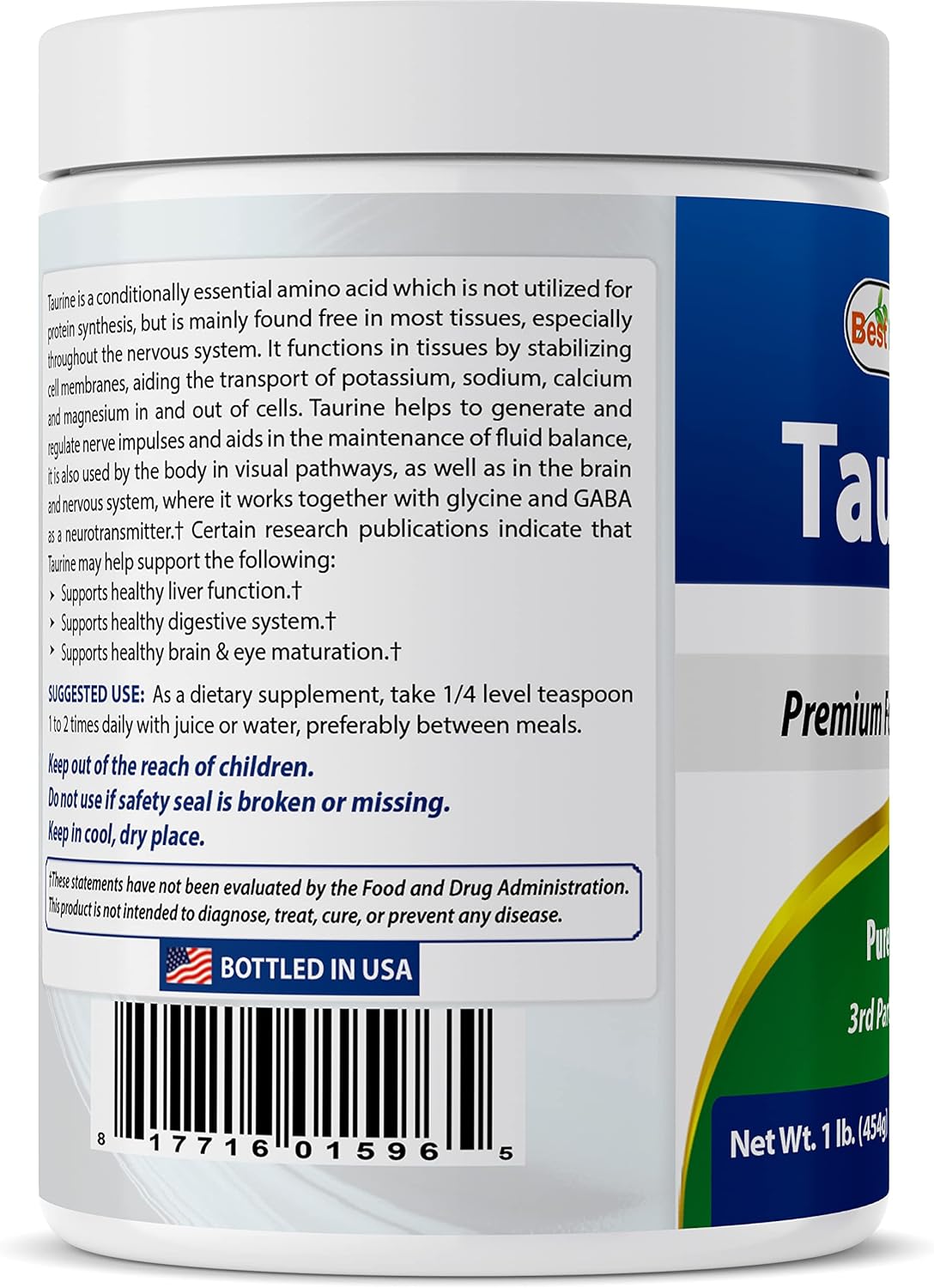 Best Naturals Forma libre de polvo de taurina 100% pura, taurina, 1000 mg por porción, 1 libra (454 gm) (1 libra (paquete de 3))