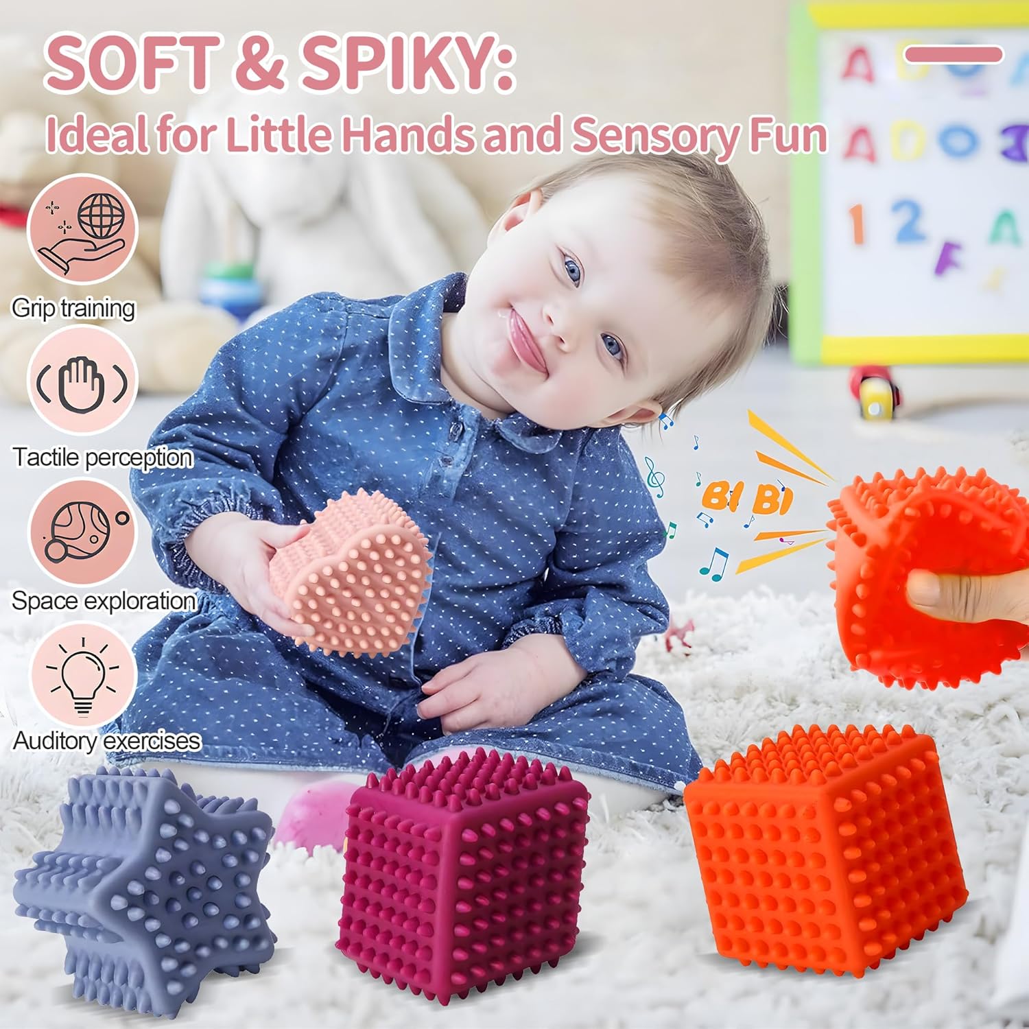 ROHSCE Pelotas sensoriales suaves y puntiagudas, juguetes Montessori, bolas de bebé de 6 a 12 meses, formas geométricas texturizadas para el