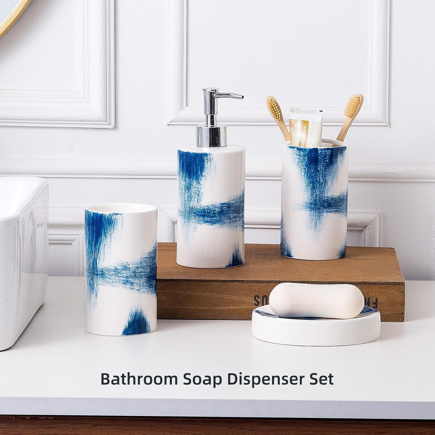 Juego de accesorios de baño azul y blanco  Juegos completos de accesorios de baño incluye dispensador de jabón, soporte para cepillo de dientes,