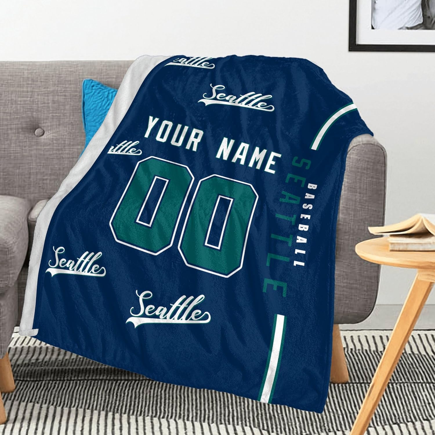 Rixeucey Seattle – Manta de franela personalizada para cama, sofá con nombre de número personalizado, para hombres, mujeres, niños, regalos para