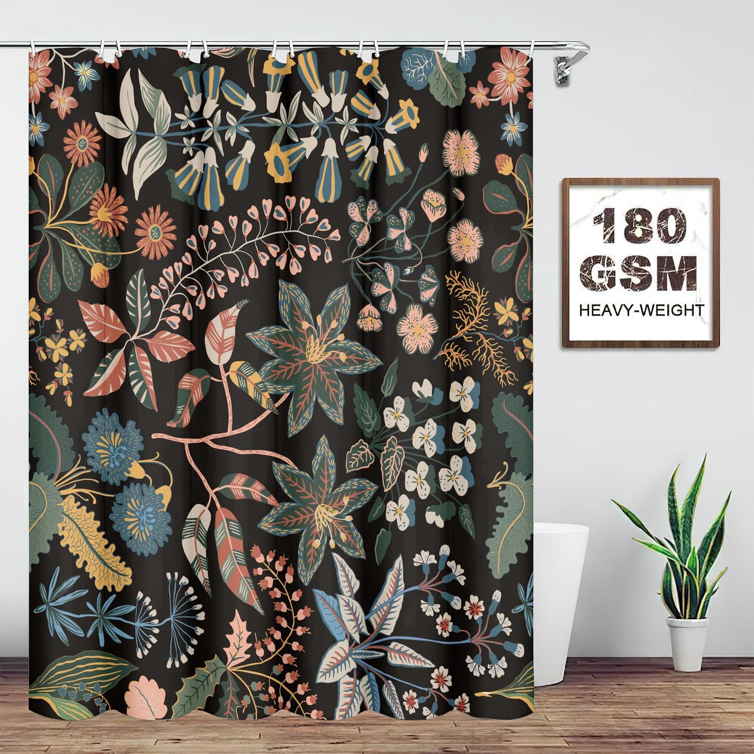 Cortina de ducha bohemia con flores silvestres, cortina de ducha impermeable de tela con 12 ganchos, 72 x 72 pulgadas