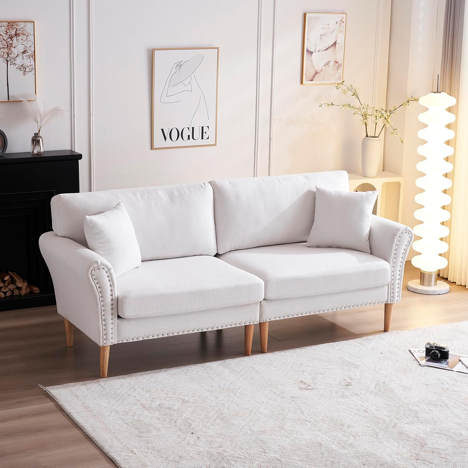 VINGLI Sofá moderno de asiento profundo de 83.5 pulgadas, cómodo sofá biplaza con ribete de clavos y patas de madera maciza, para sala de estar,