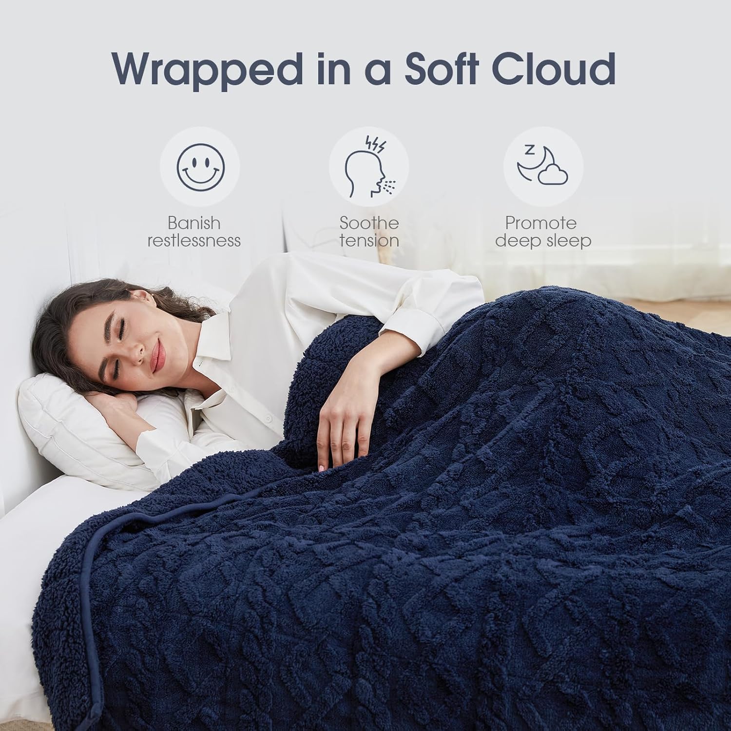 Manta con peso tamaño Queen de 60 x 80 pulgadas, manta de cama sherpa suave y elegante, 15 libras para calmar y calmar, manta pesada decorativa