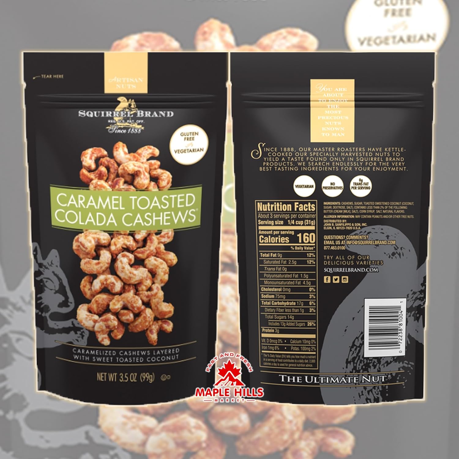 Squirrel Brand Nuts – Paquete de 3 bolsas selladas individualmente de anacardos de colada tostados de caramelo de la marca Squirrel – Sin gluten,
