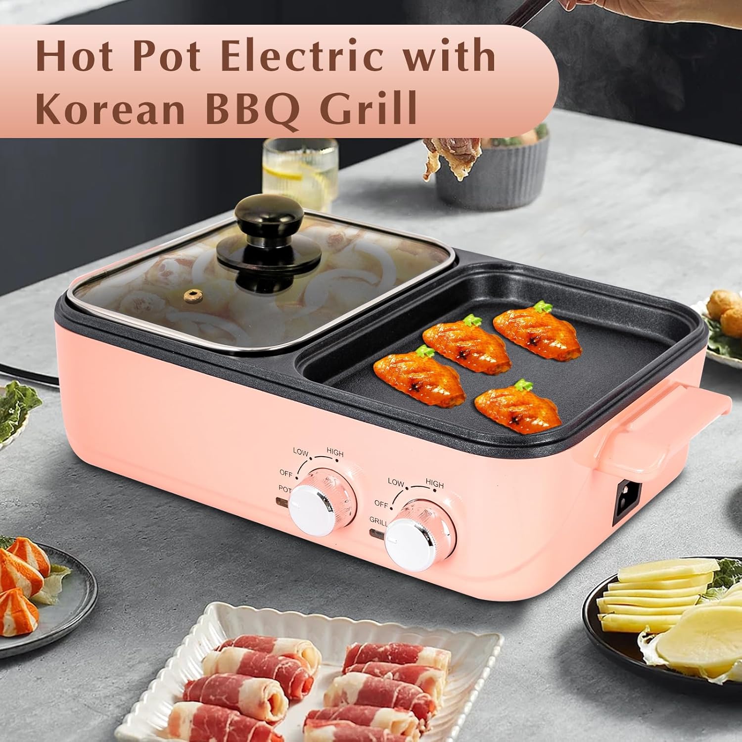 Olla eléctrica con parrilla, 2 en 1 antiadherente para interiores Shabu Shabu Shabu y sartén, mini olla caliente portátil para freír, fideos,