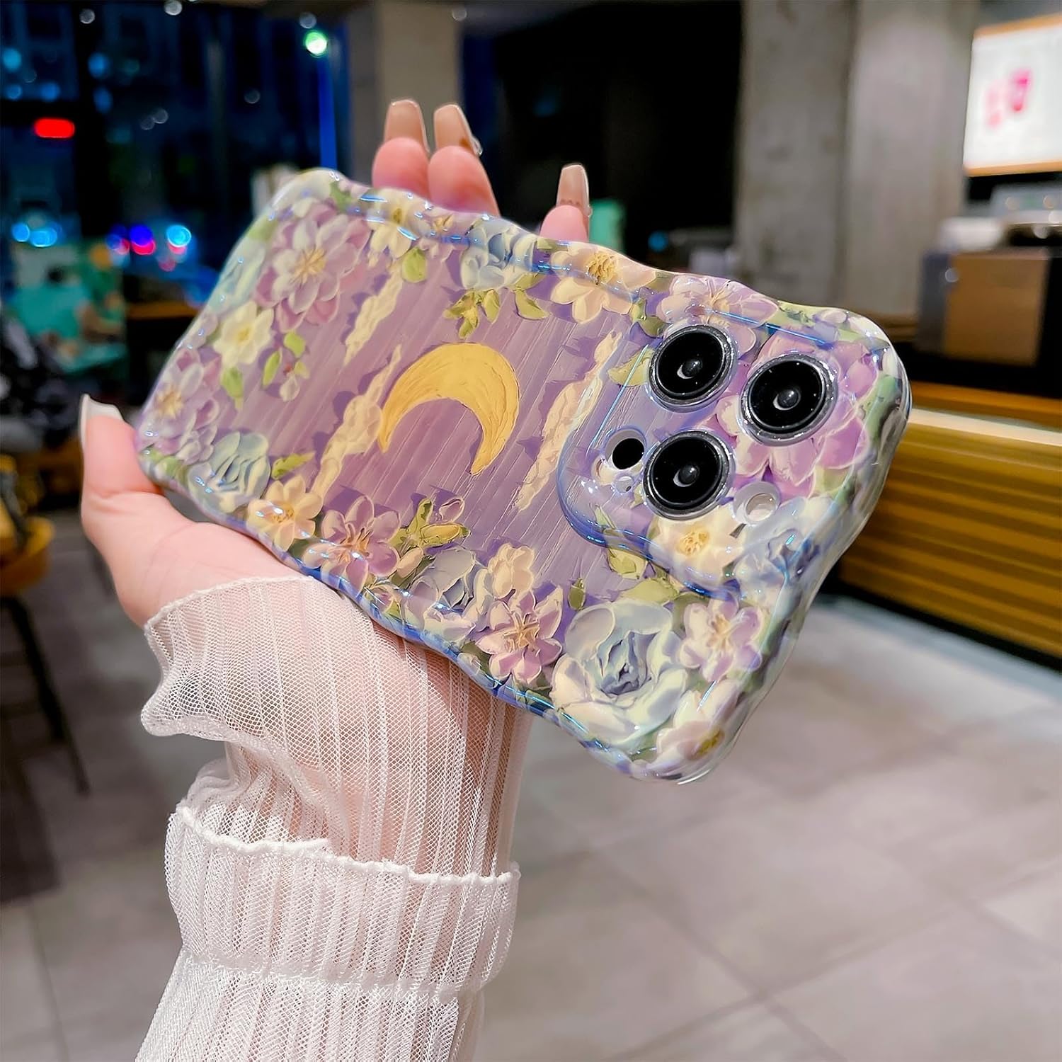 Funda para iPhone 13 Pro Max, colorida pintura al óleo retro flor linda rizada con borde floral para mujeres y niñas, protección de cámara, funda