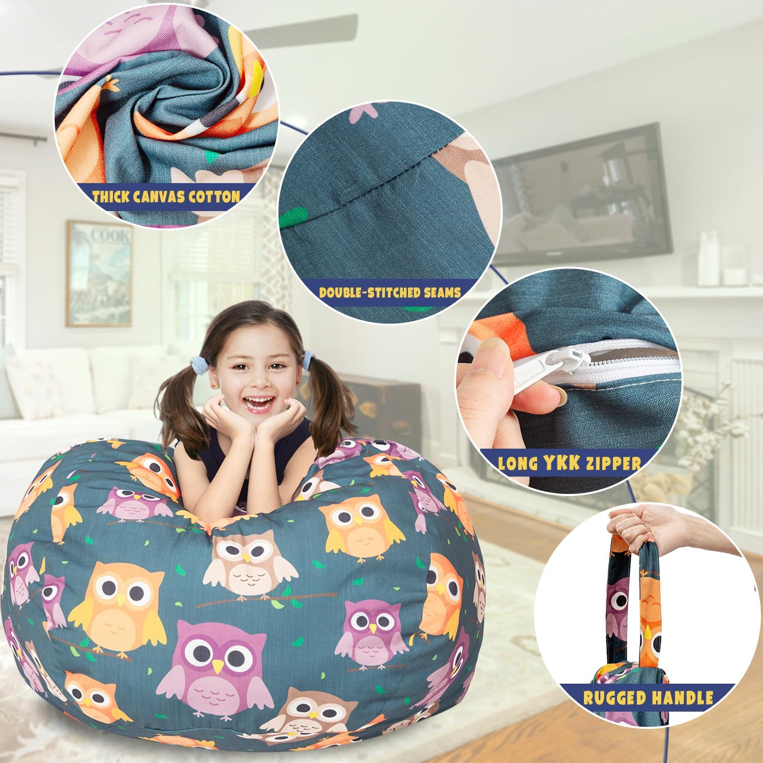 Funda para puf de almacenamiento de animales de peluche, para niños, mantas, toallas, puf (solo funda), sofá de lona con cremallera YKK, tamaño