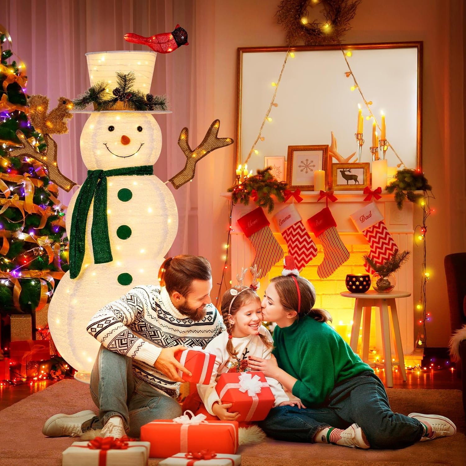 LOENIY Muñeco de nieve iluminado de 5 pies, decoración navideña emergente con 200 luces LED integradas, muñeco de nieve plegable con bufanda de