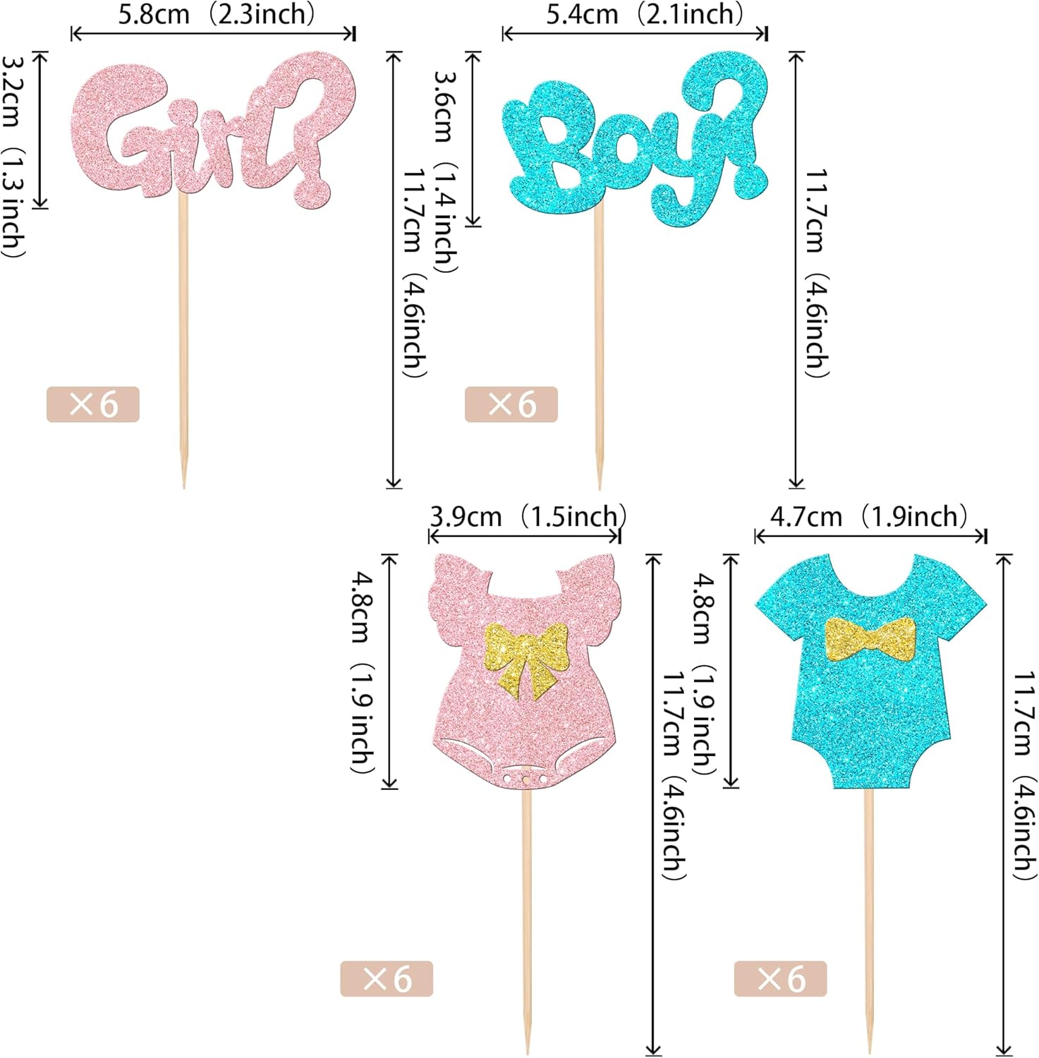 24 adornos de papel para tartas para niños o niñas con falda de lazo con purpurina, para baby shower, cumpleaños y decoración de fiesta de