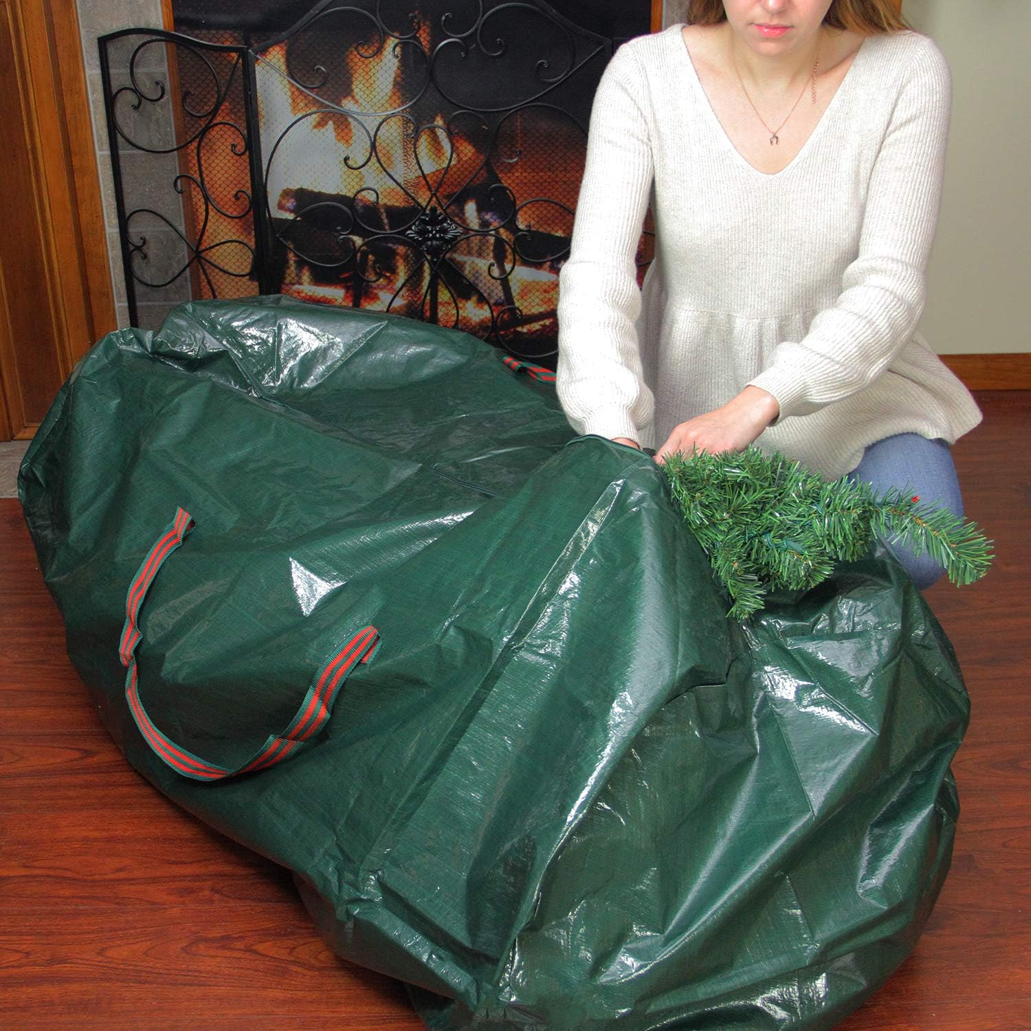 Northlight Bolsa de almacenamiento de árbol de Navidad artificial verde y rojo de 56 pulgadas