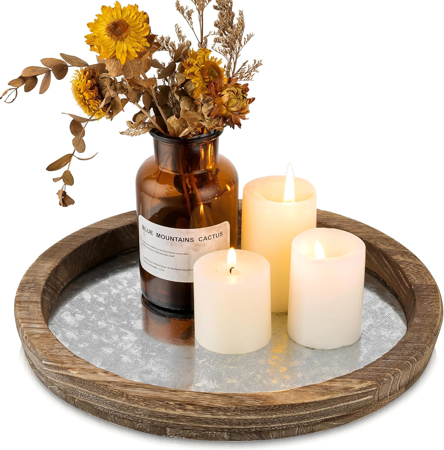Hanobe Bandeja para portavelas Plato redondo de madera decorativo para velas, pequeño centro de mesa de granja, bandejas de pilar rústicas para