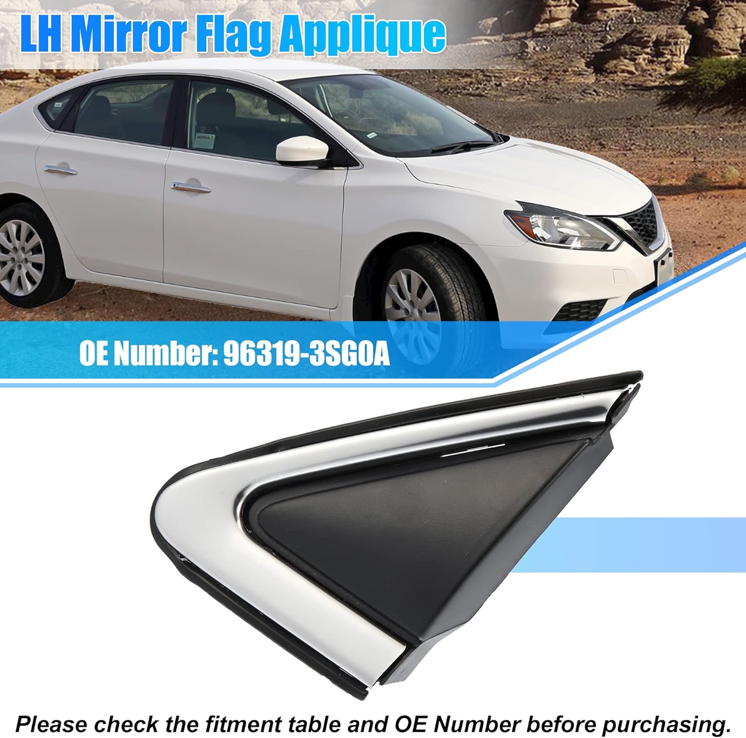 X AUTOHAUX Aplique de bandera de espejo lateral del conductor para Nissan Sentra 2013-2019 LH Mirror Flag Cover Door Corner Finisher Reemplazar