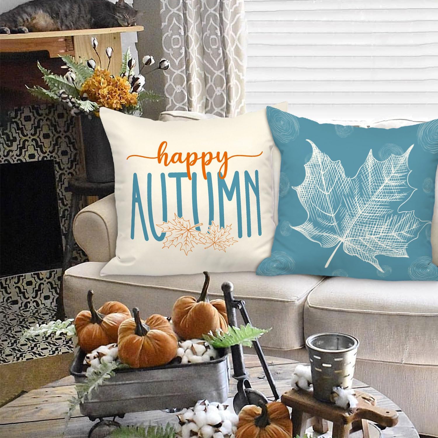 Ywlake Juego de 4 fundas de almohada de otoño de 16 x 16 pulgadas, diseño de calabaza y hojas de arce decorativas para días festivos de 16 x 16