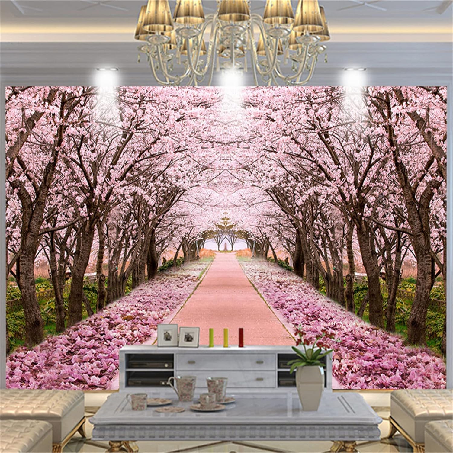 Murales de pared románticos 3D de cerezo en flor, papel tapiz de camino de flores de parque, calcomanías de pared antideformación, llamativas