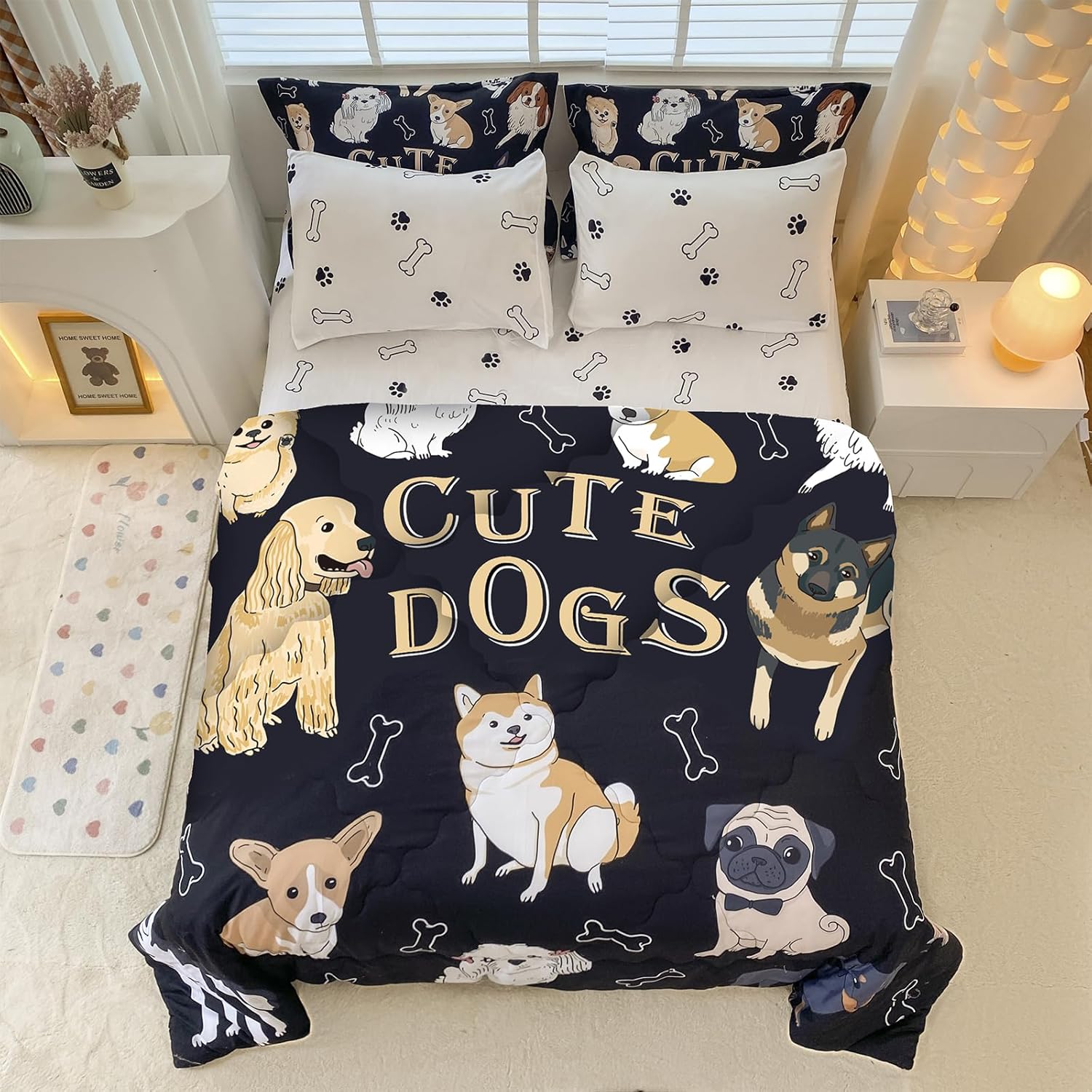 Wajade Juego de edredón de perro para niños, cama tamaño individual en una bolsa para niñas y niños, 7 piezas con estampado de cachorros de