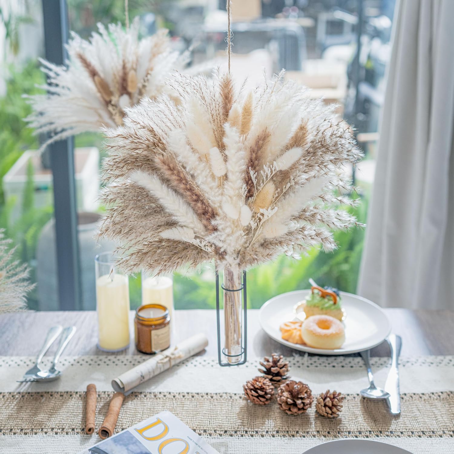 Ramo de hierba natural de las pampas + jarrón colgante  Arreglo floral seco bohemio centro de mesa, decoración de boda, decoración rústica (70