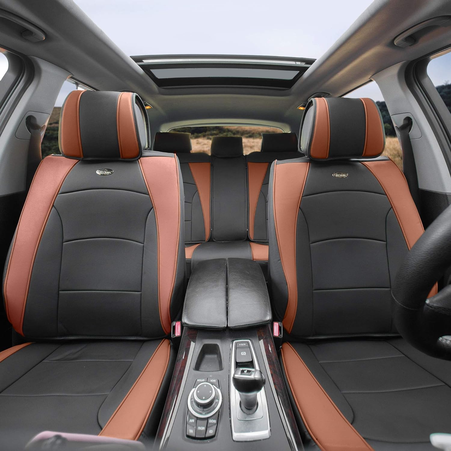 FH Group Juego completo de fundas de asiento para automóvil, camiones, SUV, (marrón) de cuero sintético de lujo, cojín impermeable para asiento de
