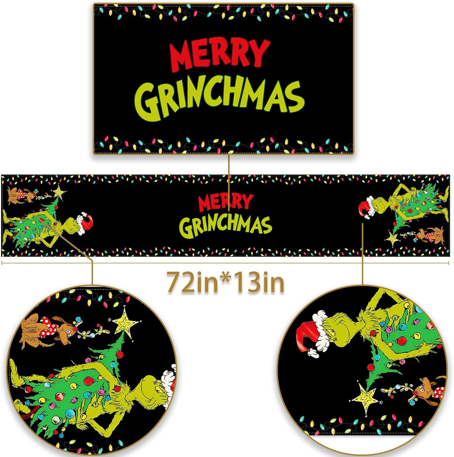 Camino de mesa Grinchmas Merry Christmas Whoville para fiestas de invierno, cocina, chimenea, comedor, decoración del hogar (negro, 13 x 72 pulgadas)