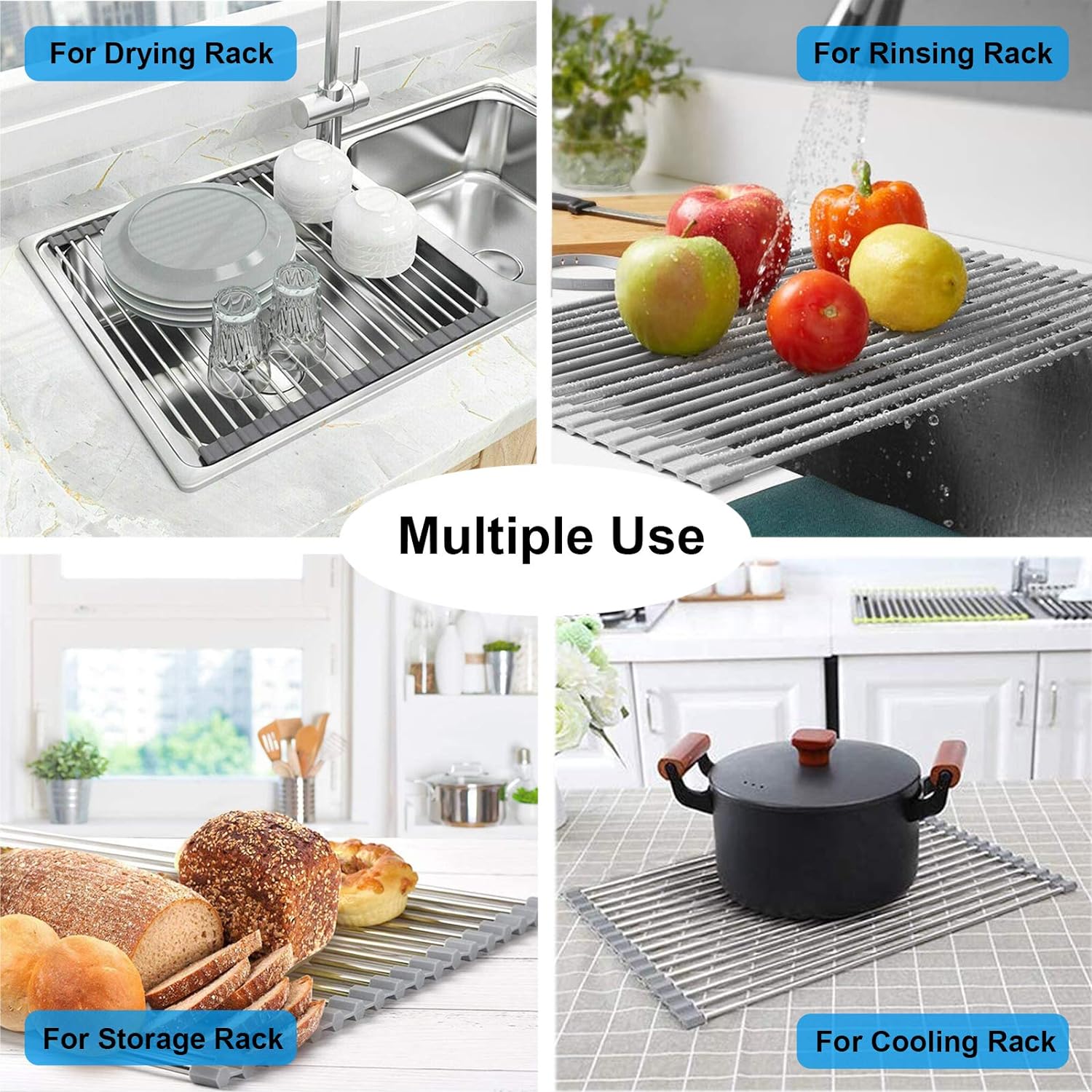 Searik Escurridor de platos enrollable para fregadero sobre el fregadero, escurridor de platos multiusos de acero inoxidable, resistente al calor,