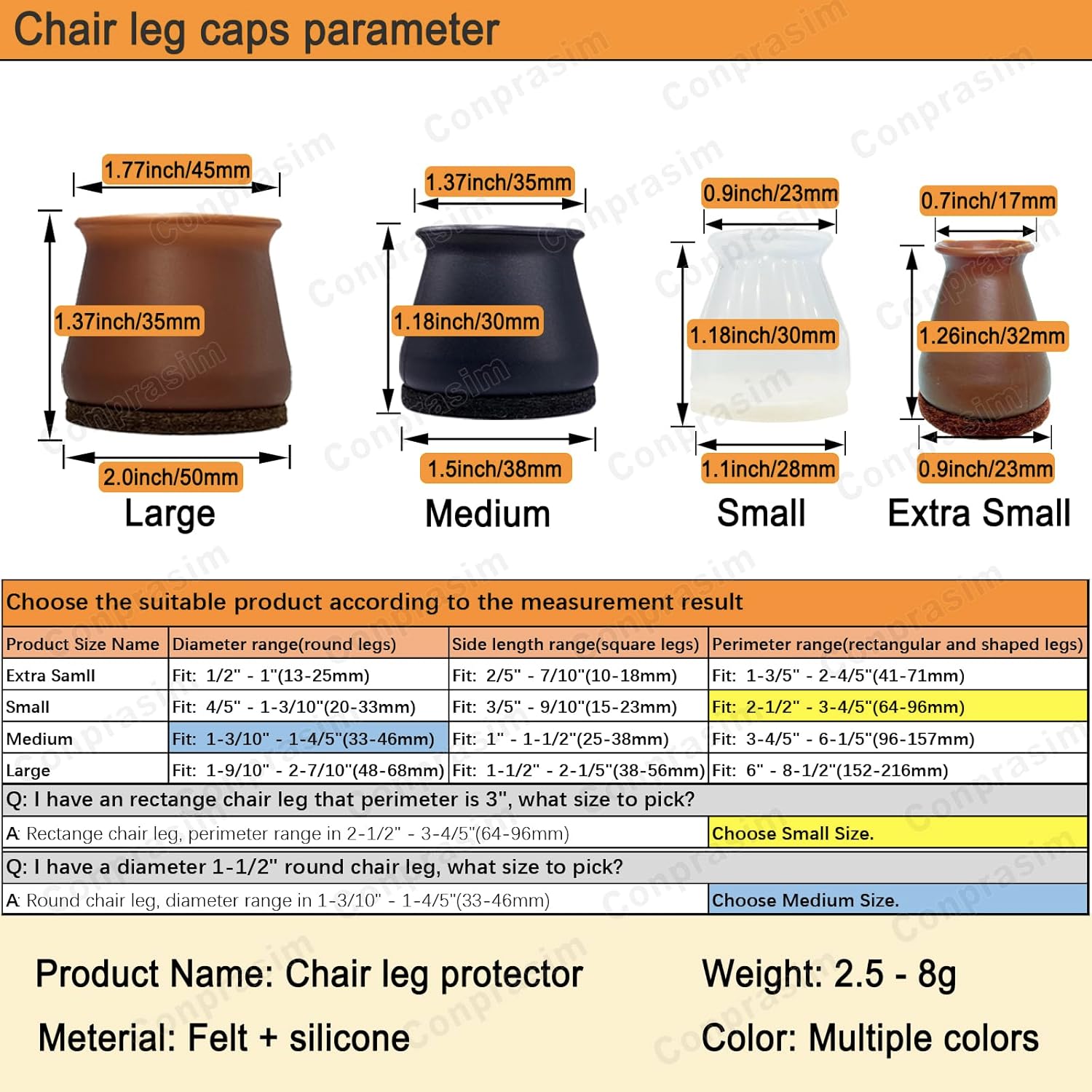 Protectores de suelo de silicona extra pequeños con fieltro, se ajustan a patas de silla de 0.5 a 1 pulgada, tapas de silicona para patas de