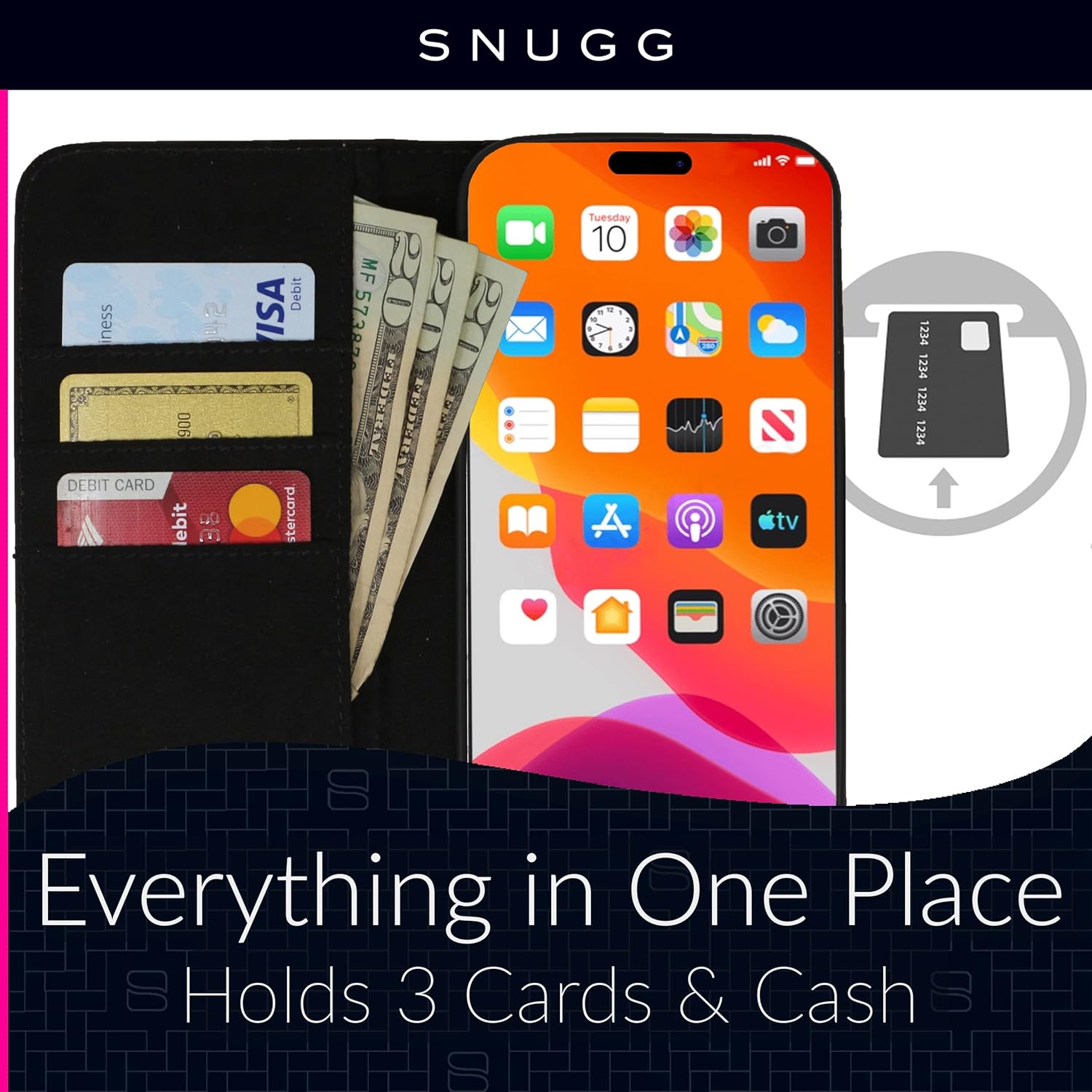 Snugg Funda tipo cartera para iPhone 15 Pro  Funda plegable con 3 ranuras para tarjetas, cierre magnético y función de soporte para teléfono  Funda