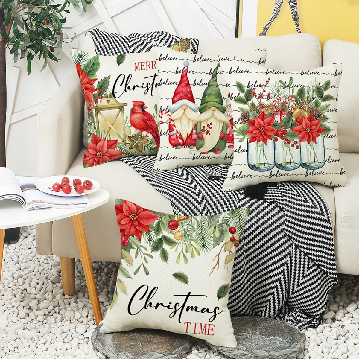 Juego de 4 fundas de almohada navideñas de 18 x 18 pulgadas, fundas de cojín para decoración de vacaciones de invierno para sofá, sala de estar y