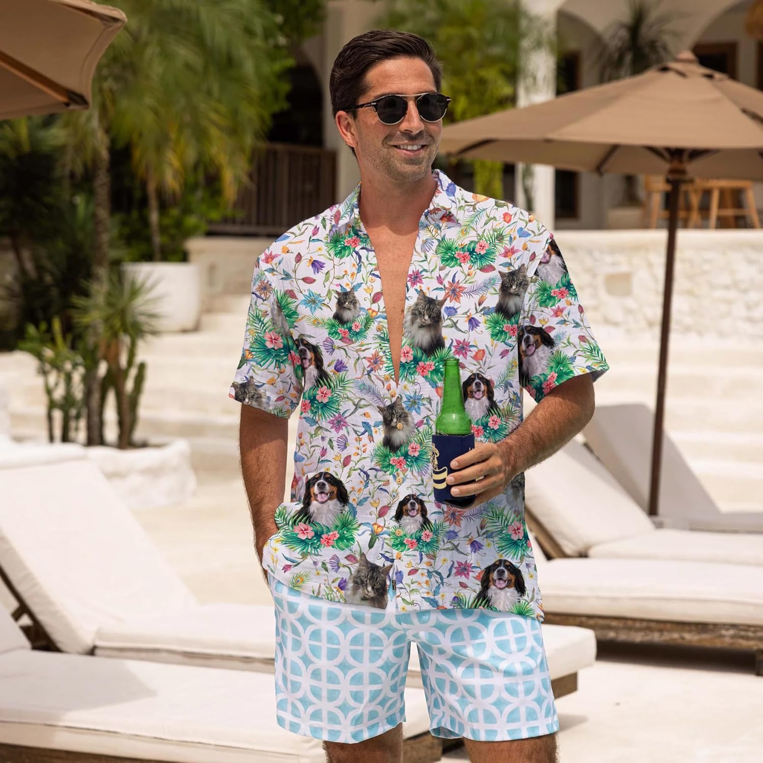 Camisas hawaianas personalizadas con cara de perro y cara de mascota, personalizables con diseño floral de pájaro y gato, camisa hawaiana con botones
