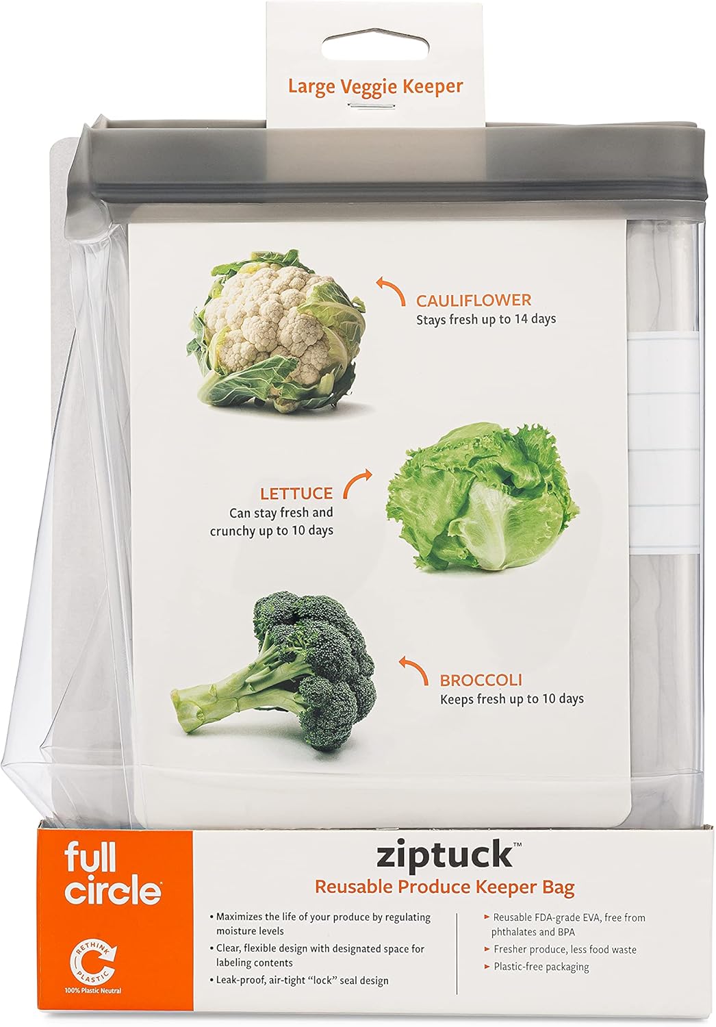 Full Circle Ziptuck – Bolsa de almacenamiento grande reutilizable para productos, segura para alimentos, bolsa de almacenamiento de alimentos sin