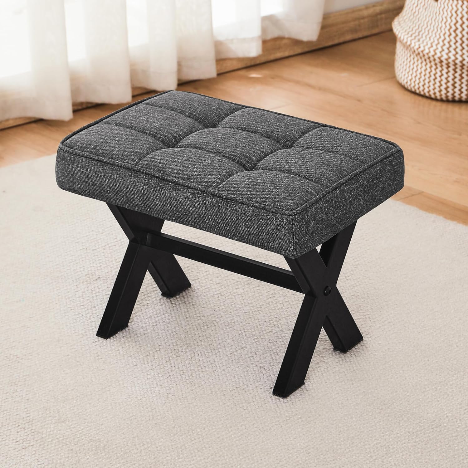 LUE BONA Taburete para pies, taburetes pequeños de 12 pulgadas de alto, reposapiés de lino resistente con patas en X de metal, reposapiés acolchado