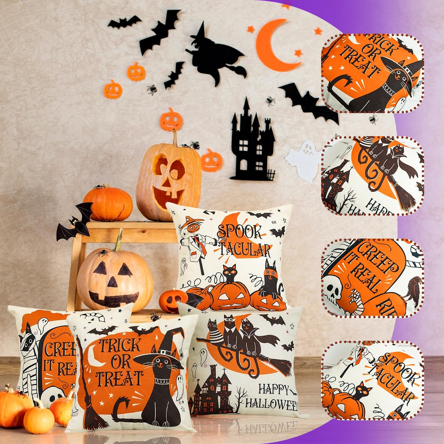 Sioloc Fundas de almohada de Halloween de 18 x 18 pulgadas con 4, decoraciones de Halloween, casa de campo de bruja de calabaza, decoración festiva