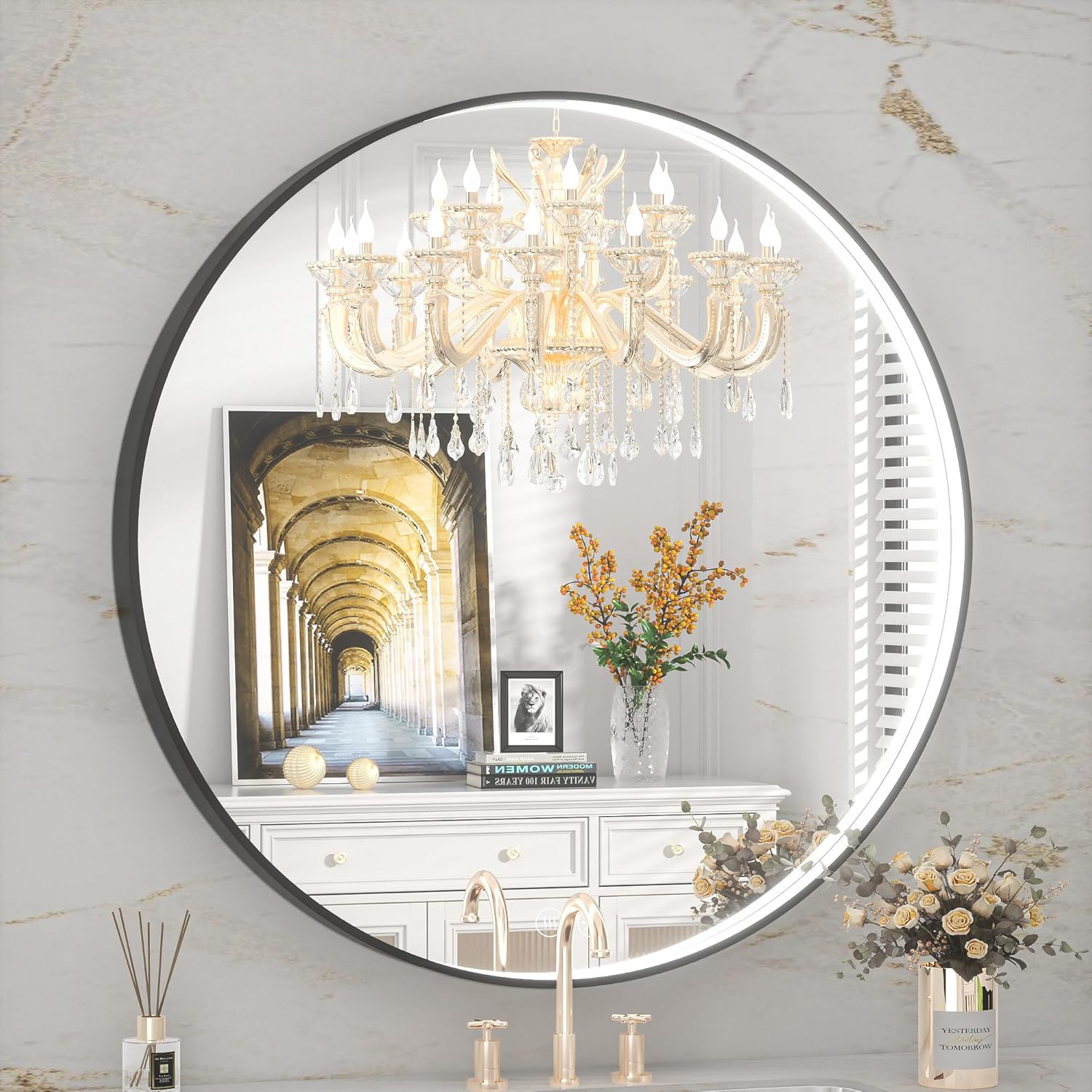 Vosuja Espejo de baño LED redondo de 24 pulgadas con luces, marco negro circular incrustado, diseño de tira de luz moderna, 3 opciones de color