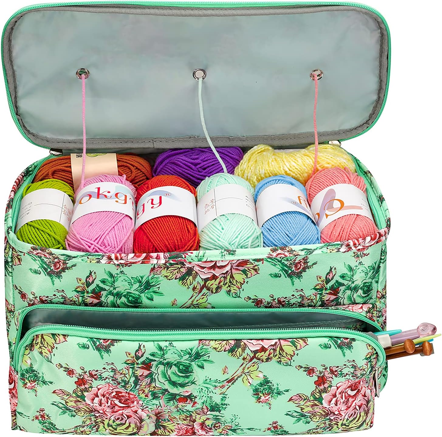Looen – Bolsa para tejer de gran tamaño, organizador para guardar bolas de estambre e hilo con cierre de cremallera y bolsillo para agujas y
