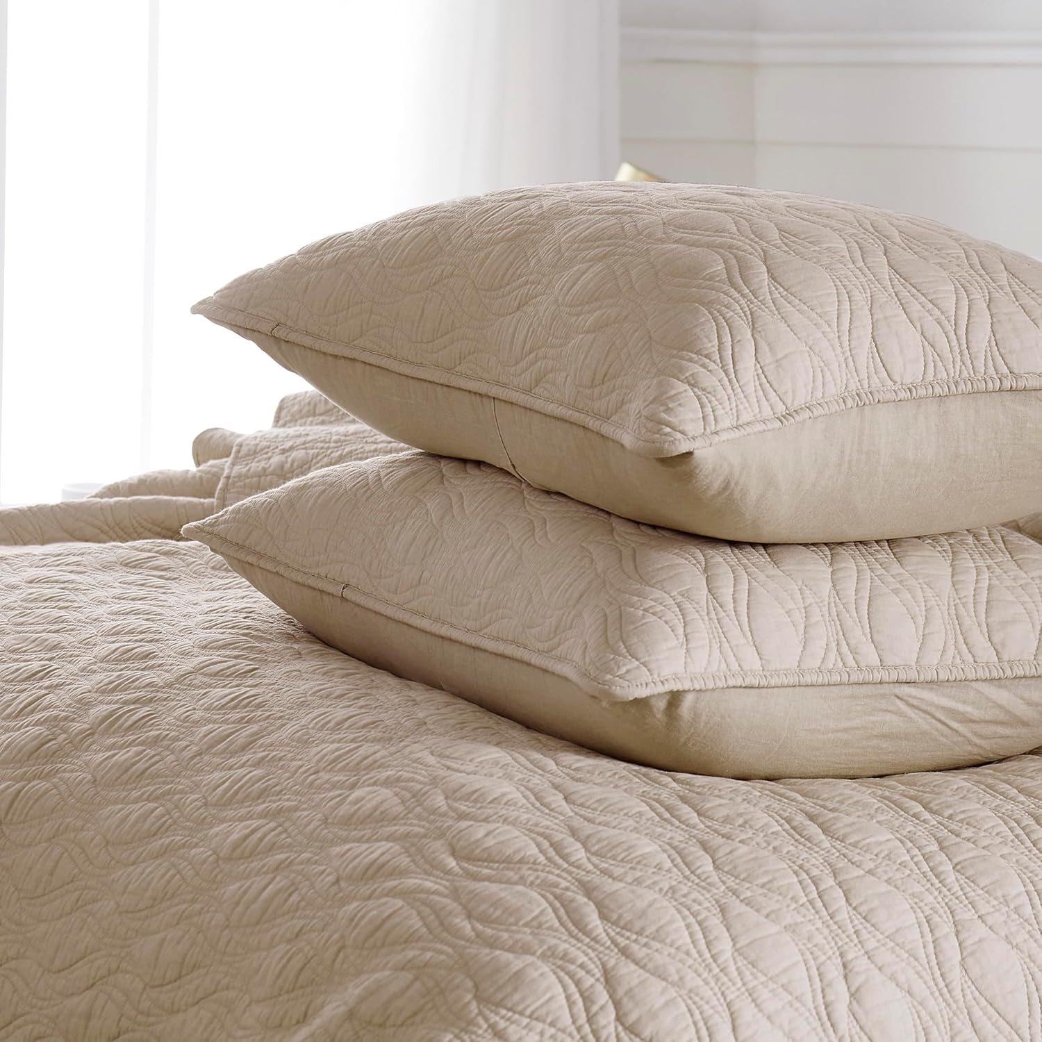 Juego de ropa de cama de 100 % algodón beige con fundas de almohada, colcha ligera y suave de gran tamaño, funda de cama acogedora para todas las
