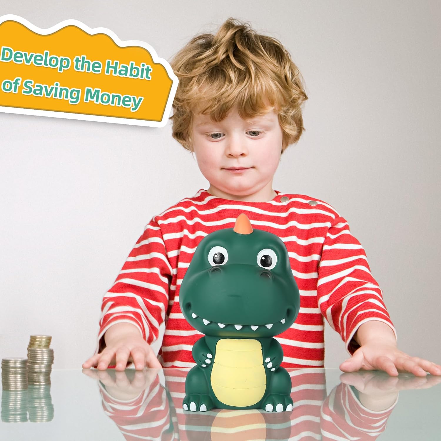 H&W Banco de dinero de dinosaurio con bonita cabeza grande, alcancía de tiranosaurio Rex inastillable, primer banco de monedas, el mejor cumpleaños