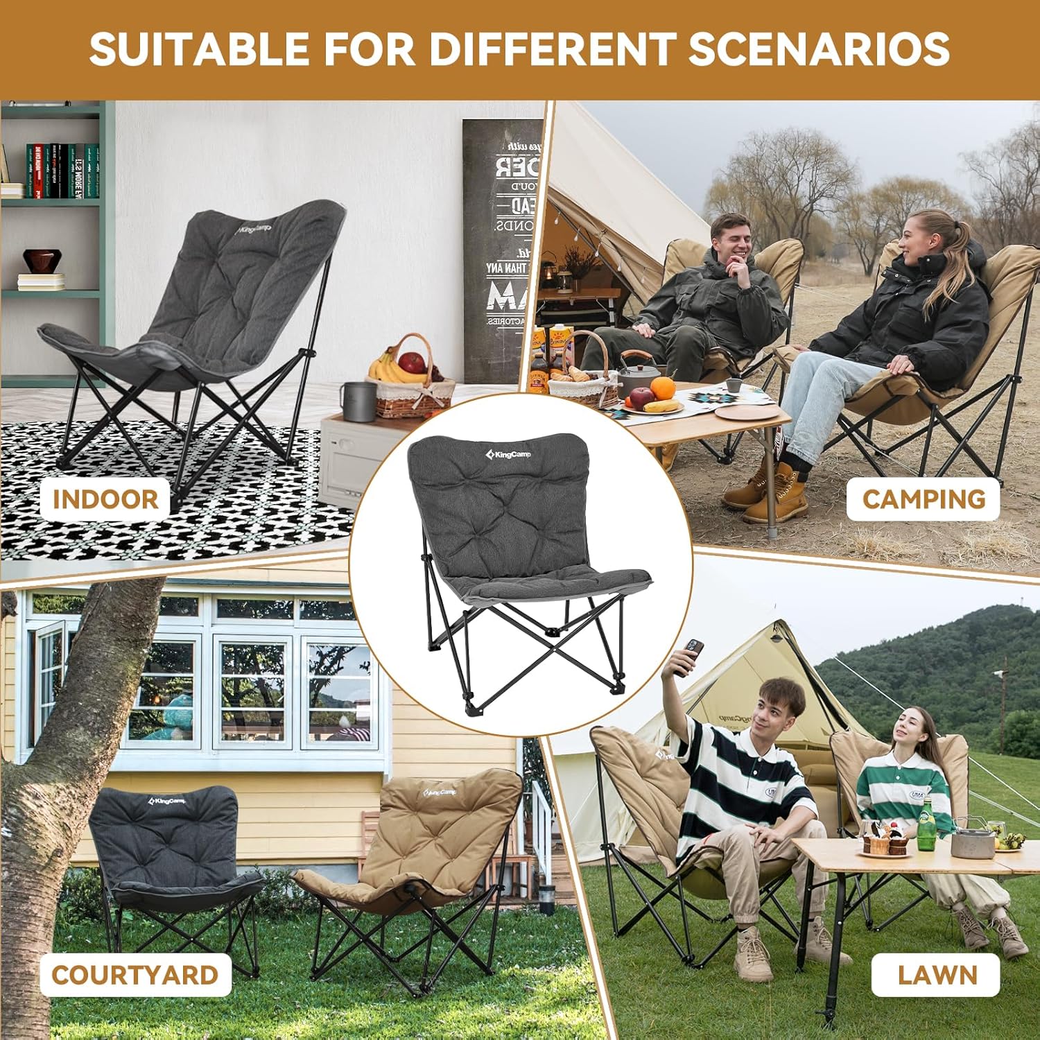 KingCamp Silla de campamento acolchada de gran tamaño, silla plegable de mariposa XL cómoda para exteriores con bolsa de transporte, silla de