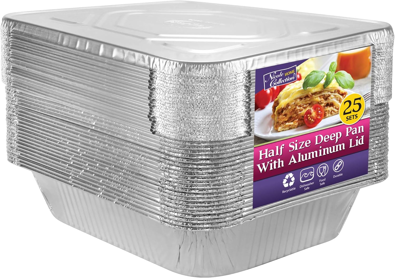 Nicole Home Collection Sartenes de aluminio con tapas, tamaño medio, 9 x 13 pulgadas, extraresistentes, desechables para hornear (25 juegos)