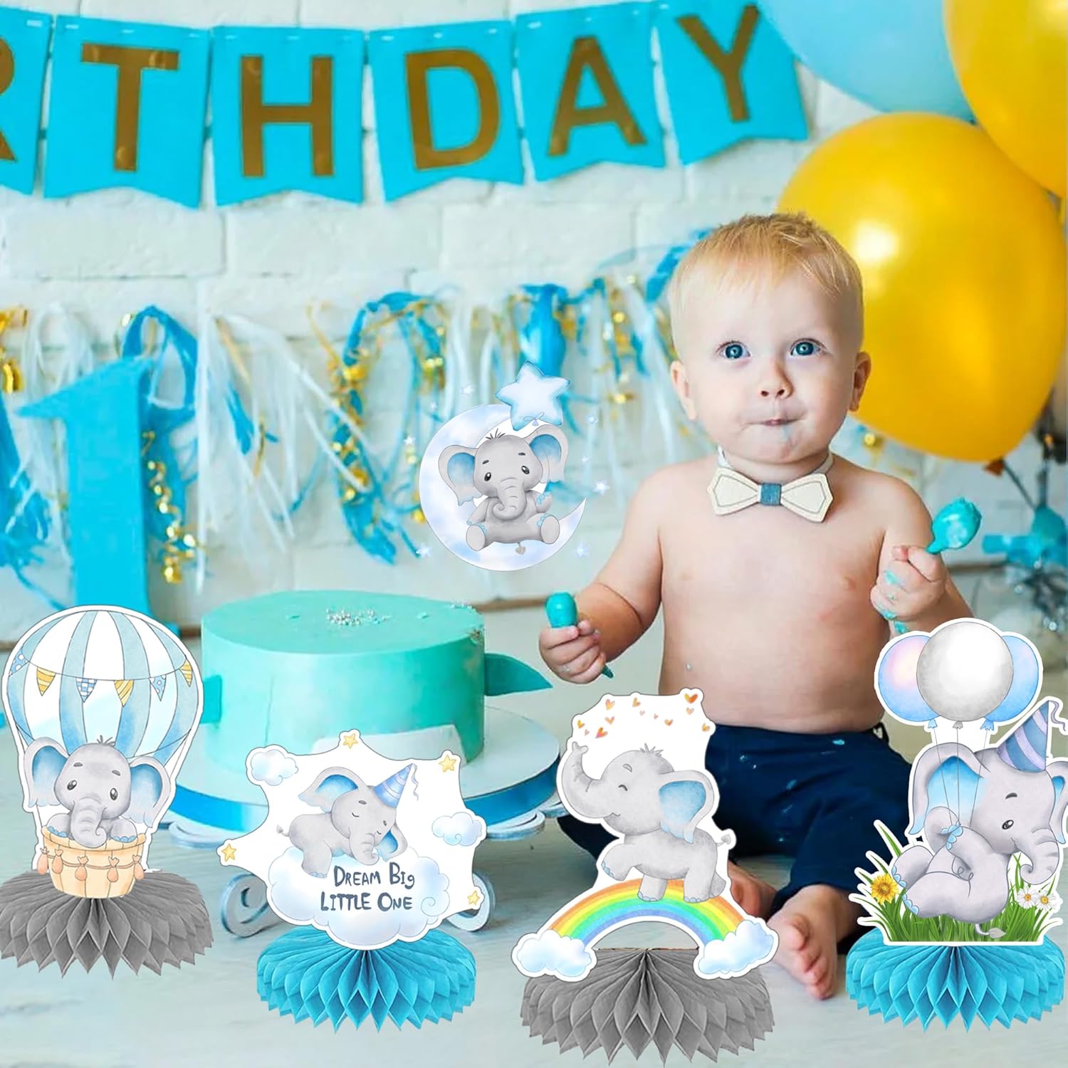 9 piezas de centro de mesa de nido de abeja de elefante azul, decoración de baby shower de elefante para niños, centros de mesa de baby shower,